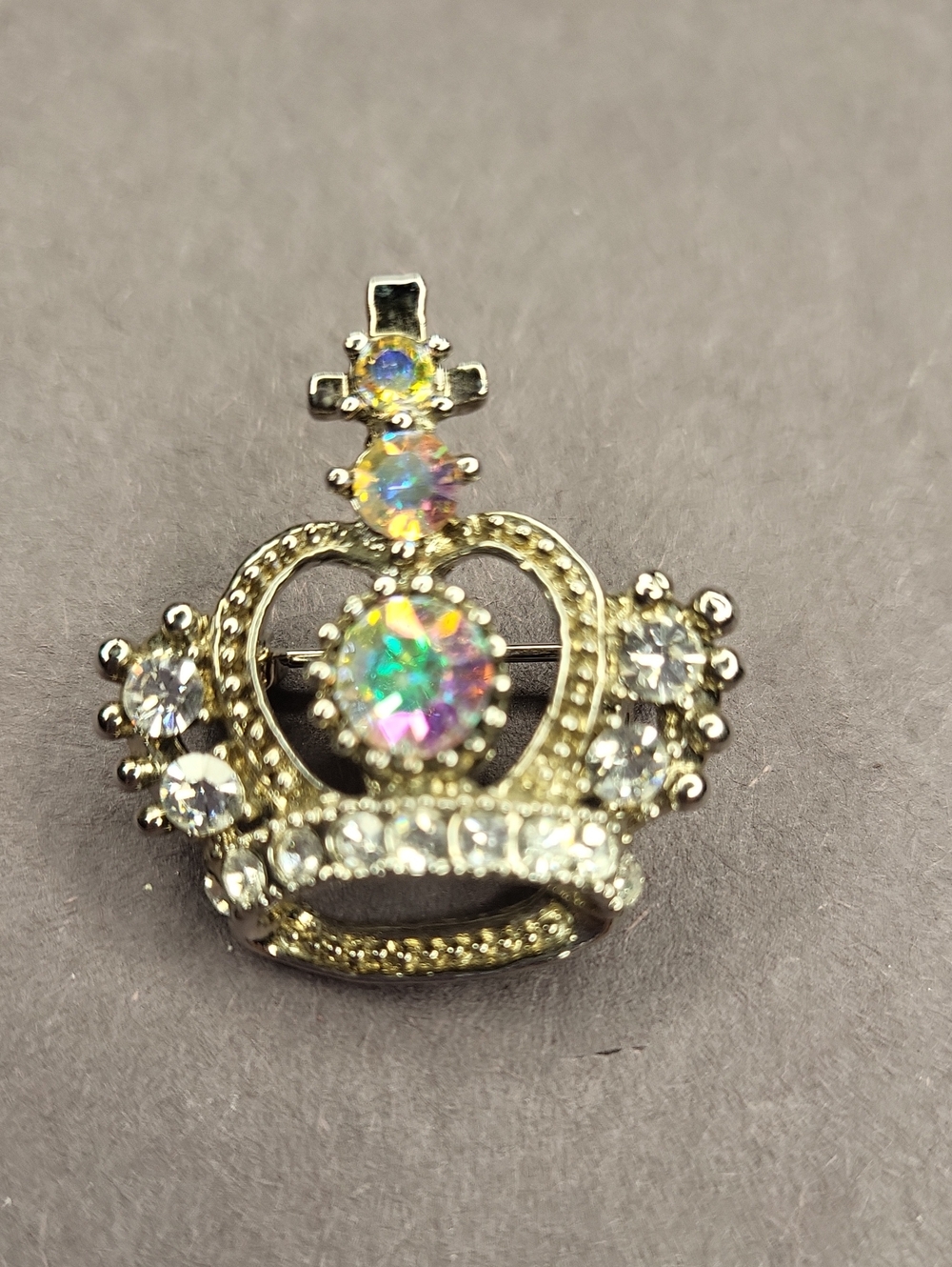 Crystal Crown Brooch Pin in Iridescent and Clear Stones